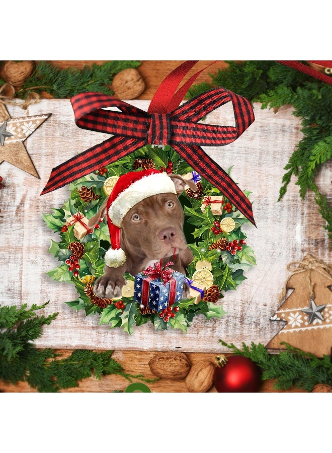 Talataca American Pit Bull Terrier Pitbull Wearing Hat Wreath 2D Flat Christmas Tree Wood Ornament Decor Wooden Hanging Decoration House Present Xmas Eve Keepsake Decorative - Image 3